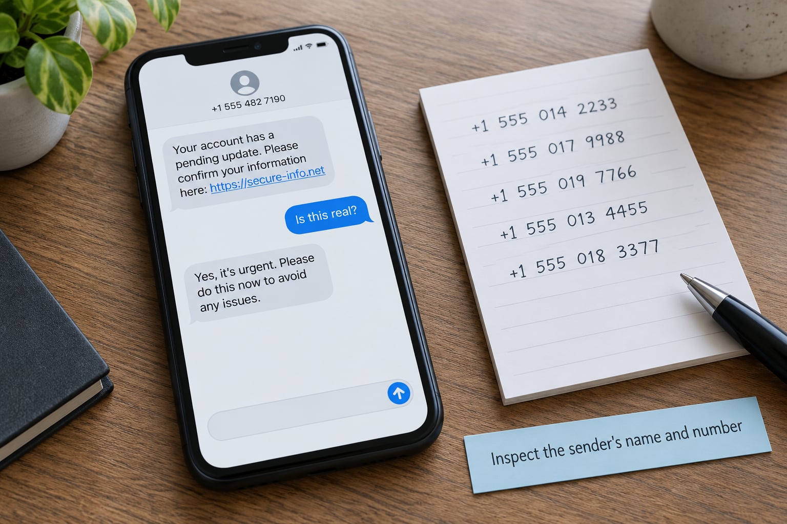 Inspect the sender's name and number
