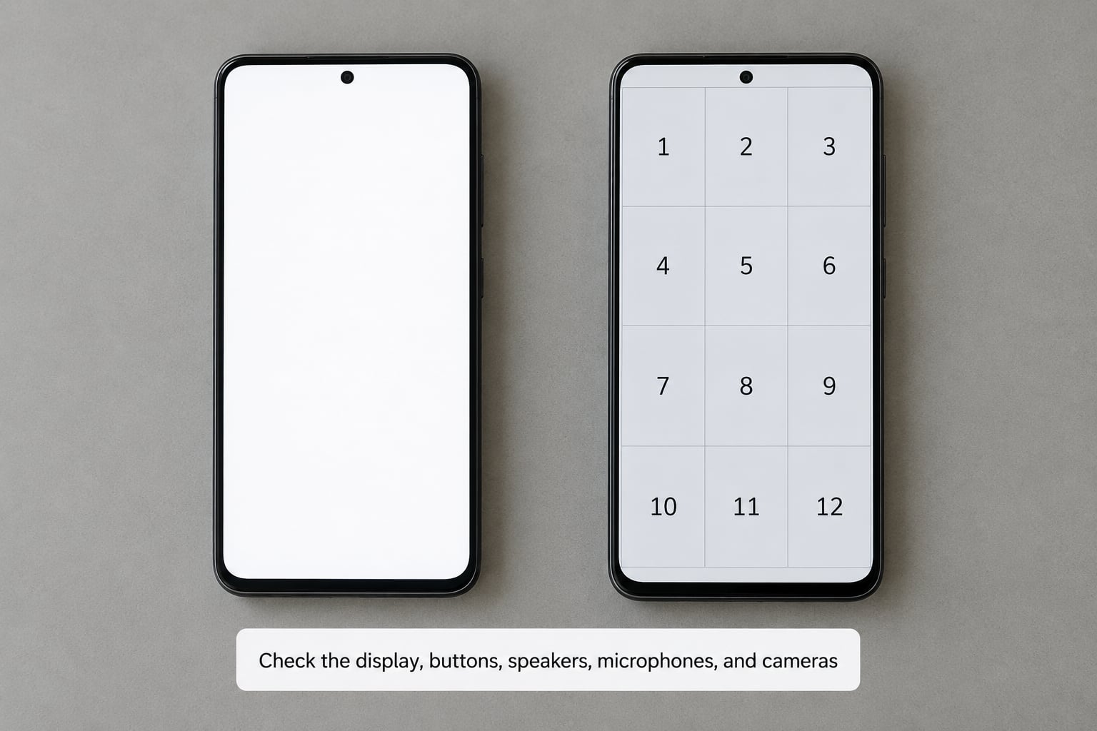 Check the display, buttons, speakers, microphones, and cameras